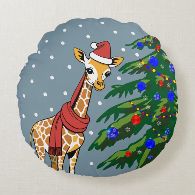Niedliche Giraffe Beanie und Scarf mit Christbaum Rundes Kissen (Vorderseite)