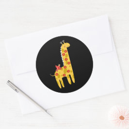 Niedliche Giraffe & Bird-Blume Gelb rot auf Schwar Runder Aufkleber
