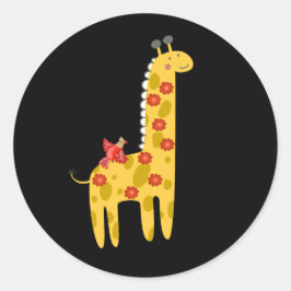 Niedliche Giraffe & Bird-Blume Gelb rot auf Schwar Runder Aufkleber