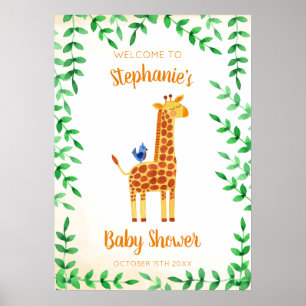 Niedliche Giraffe & Bird Watercolor Kinderdusche Poster