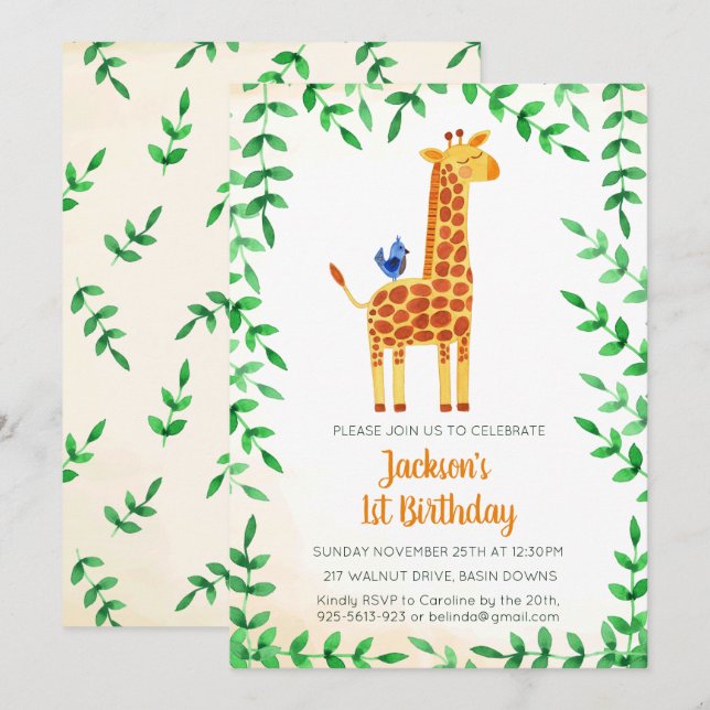 Niedliche Giraffe & Bird zum Geburtstag Einladung (Vorne/Hinten)