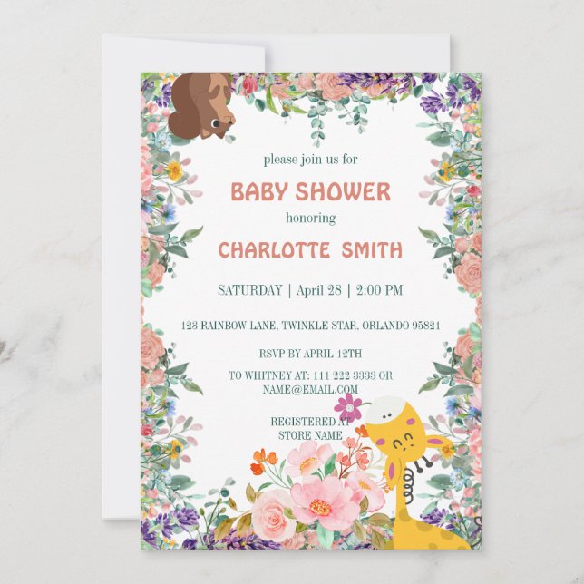 Niedliche Giraffe Blume Aquarell Babydusche Einladung (Vorderseite)