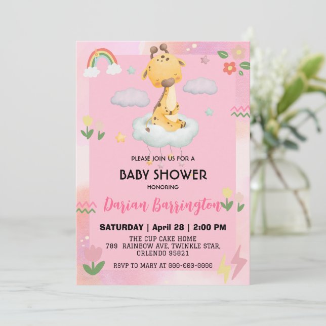 Niedliche Giraffe Blume Ballon Babydusche Party Einladung (Stehend Vorderseite)