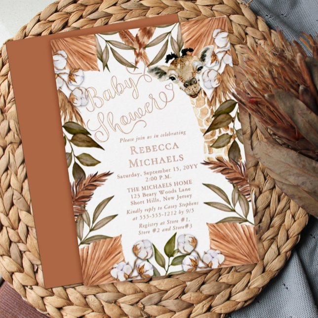 Niedliche Giraffe Boho Getrocknete Gräser Babydusc Folieneinladung (Von Creator hochgeladen)