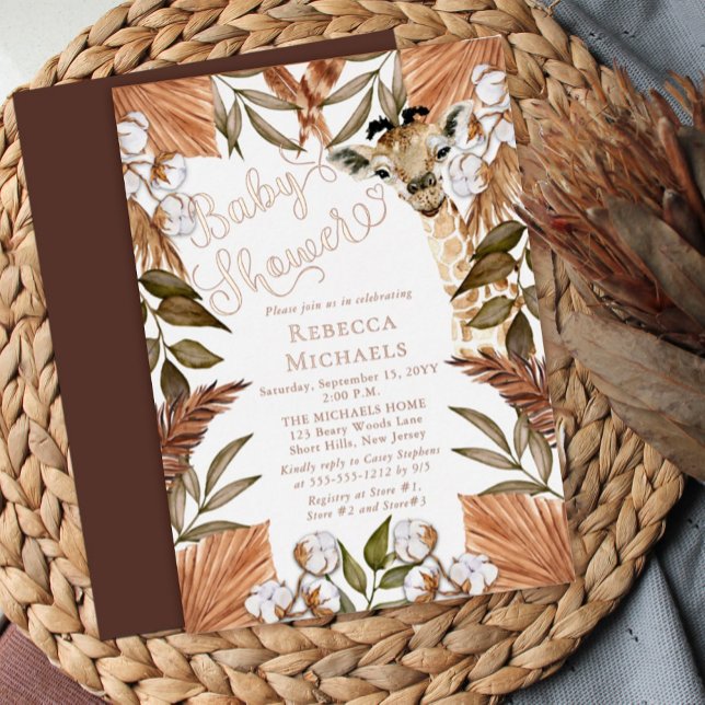 Niedliche Giraffe Boho getrocknete Gräser Kinderdu Folieneinladung (Von Creator hochgeladen)