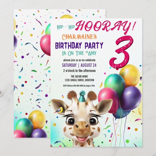 Niedliche Giraffe Colorful Confetti Kindergeburtst Einladung (Vorne/Hinten)