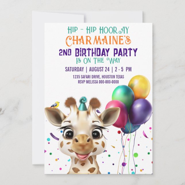 Niedliche Giraffe Colorful Confetti Kindergeburtst Einladung (Vorderseite)