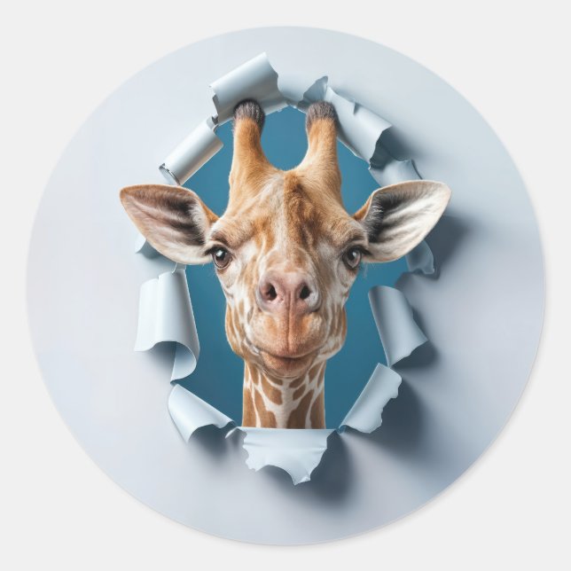Niedliche Giraffe, die durch einen Papierloch pink Runder Aufkleber (Vorderseite)