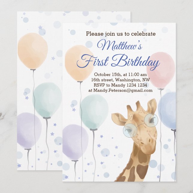 Niedliche Giraffe farbenfrohe Balloon Boy Geburtst Einladung (Vorne/Hinten)