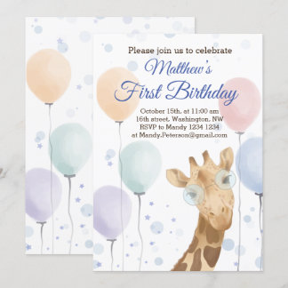 Niedliche Giraffe farbenfrohe Balloon Boy Geburtst Einladung
