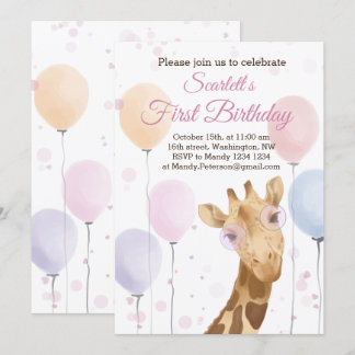 Niedliche Giraffe farbenfrohe Balloon Girl 1. Gebu Einladung