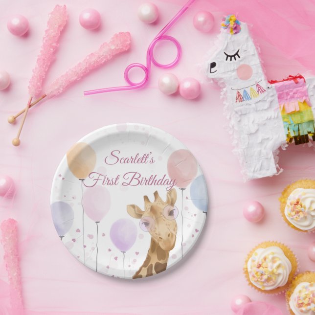 Niedliche Giraffe farbenfrohe Balloon Girl 1. Gebu Pappteller (Party)