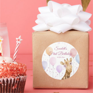 Niedliche Giraffe farbenfrohe Balloon Girl 1. Gebu Runder Aufkleber