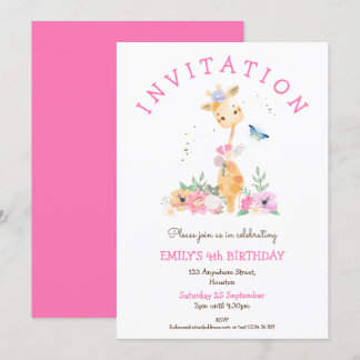 Niedliche Giraffe Floral Girls 4. Geburtstag Party Einladung