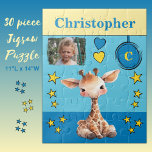 Niedliche Giraffe Foto Name Blau-Gelbe Kinder<br><div class="desc">30 Stück Puzzle für Kinder. Mit einer niedlichen Giraffe,  mit Stars und Lieben. Fügen Sie einen Namen,  ein Initial und ein Foto hinzu. Farbschema: blaue und gelbe Geschenkidee für Kinder.</div>