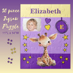 Niedliche Giraffe Foto Name lila Gelbe Kinder<br><div class="desc">30 Stück Puzzle für Kinder. Mit einer niedlichen Giraffe,  mit Stars und Lieben. Fügen Sie einen Namen,  ein Initial und ein Foto hinzu. Farbschema: lila und gelbe Geschenkidee für Kinder.</div>