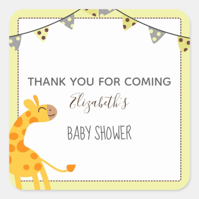 niedliche Giraffe Gelbe neutrale Babydusche Gefall Quadratischer Aufkleber (Vorderseite)