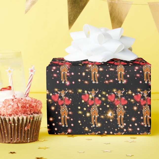 Niedliche Giraffe, Glitzer funkelnde Herzballons w Geschenkpapier (Geburtstagsparty)