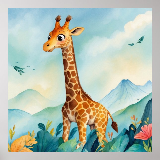 Niedliche Giraffe im Kinderzimmer der Berge Poster (Vorne)
