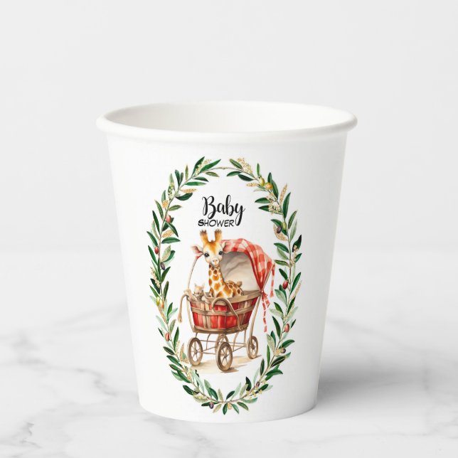 Niedliche Giraffe in Carriage Winter Baby Shower Pappbecher (Vorderseite)