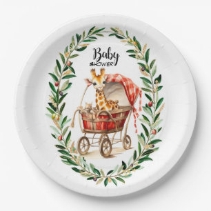 Niedliche Giraffe in Carriage Winter Baby Shower Pappteller