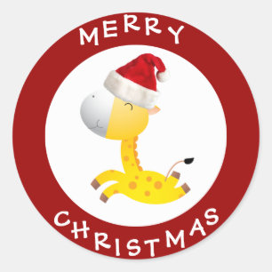 Niedliche Giraffe in Weihnachtsmannmütze Rote Wei Runder Aufkleber