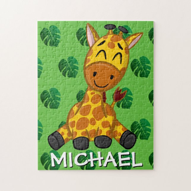 Niedliche Giraffe Jungle Grüne Name Cartoon Regenw (Vertikal)