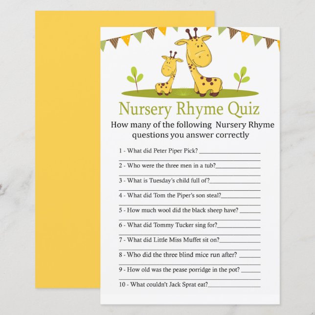 Niedliche Giraffe Kinderzimmer Rhyme Quiz Kinderdu (Vorne/Hinten)