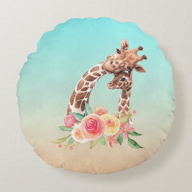 Niedliche Giraffe Mama & Baby Rundes Kissen (Vorderseite)