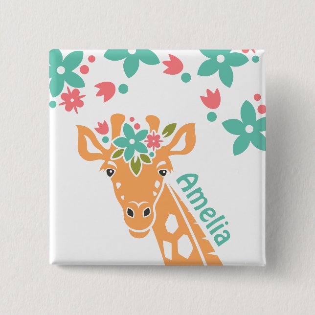 Niedliche Giraffe mit Blume Crown Personalisiert Button (Vorderseite)