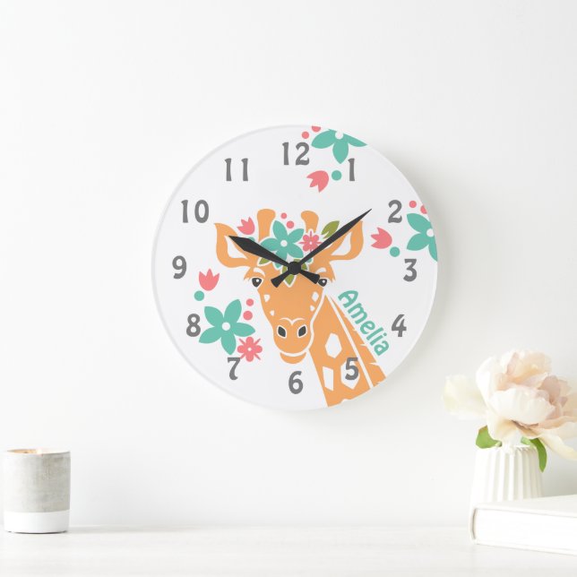 Niedliche Giraffe mit Blume Crown Personalisiert Große Wanduhr (Zuhause)