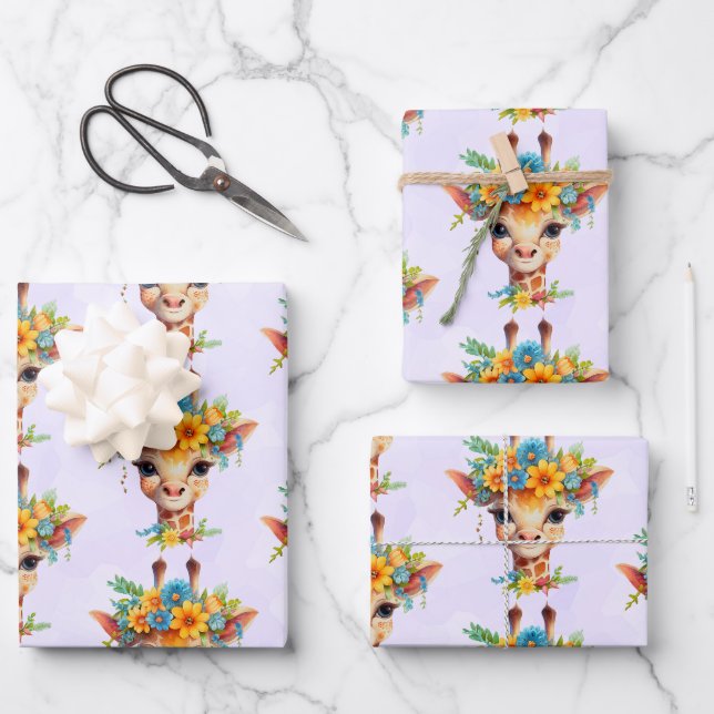Niedliche Giraffe mit Blumenkrone Gemustert Geschenkpapier Set (Vorderseite)