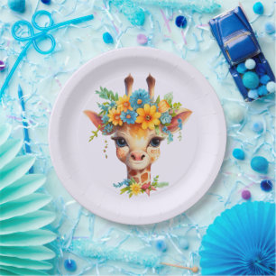 Niedliche Giraffe mit Blumenkrone Pappteller