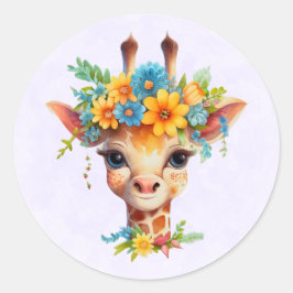 Niedliche Giraffe mit Blumenkrone Runder Aufkleber