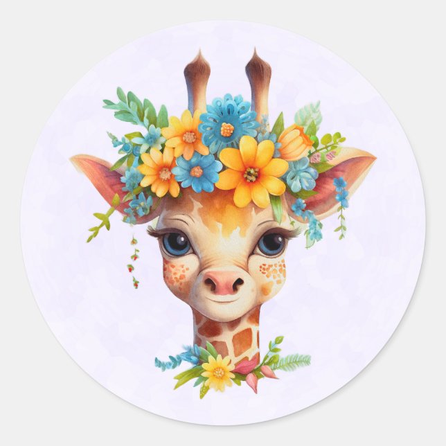Niedliche Giraffe mit Blumenkrone Runder Aufkleber (Vorderseite)