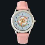 Niedliche Giraffe mit einem blumengeschmückten Wat Armbanduhr<br><div class="desc">Eine personalisierte Uhr mit einer Abbildung eines niedlichen Giraffengesichts,  umgeben von einem Kranz tropischer Aquarellfarben-Blume. Farbenfroh und niedlich.</div>