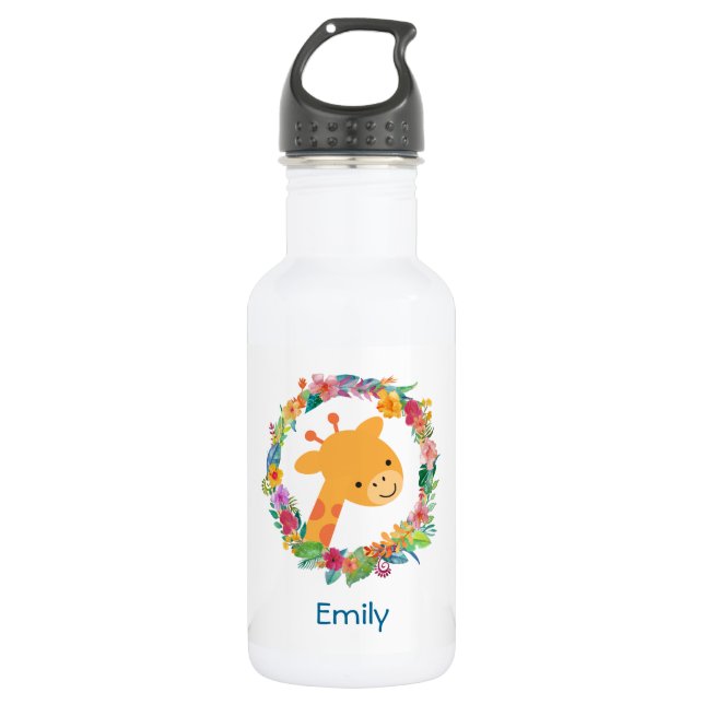 Niedliche Giraffe mit einem Blumenkranz Personalis Trinkflasche (Vorderseite)