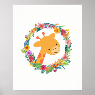 Niedliche Giraffe mit einem Wasserfarben-Blumenkra Poster