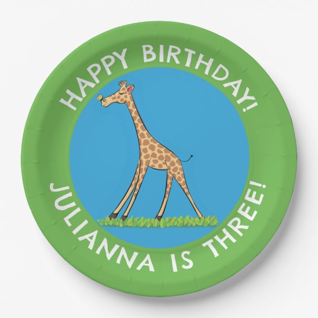 Niedliche Giraffe mit Schmetterling Cartoon Geburt Pappteller (Vorderseite)