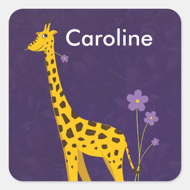 Niedliche Giraffe mit violetten Blumen, individuel Quadratischer Aufkleber (Vorderseite)