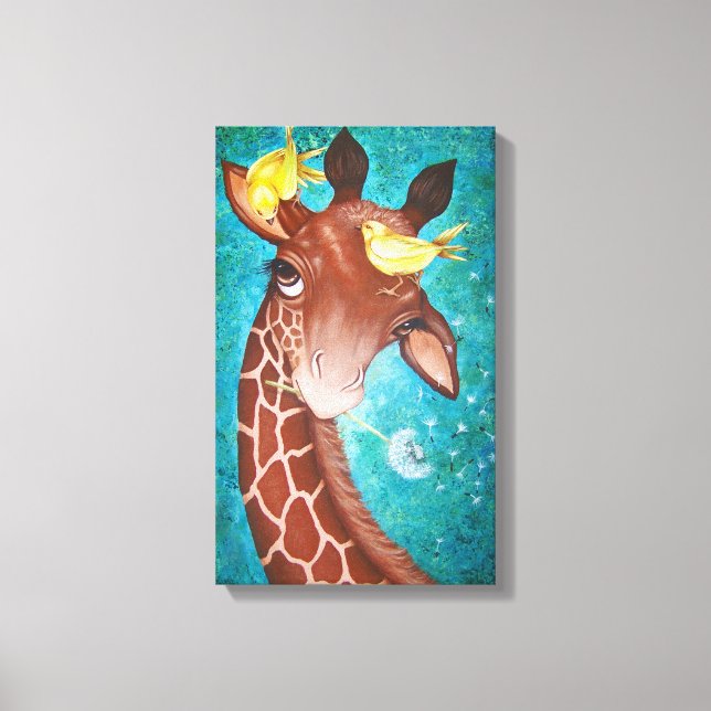 Niedliche Giraffe mit Vogelmalerei Leinwanddruck (Vorderseite)