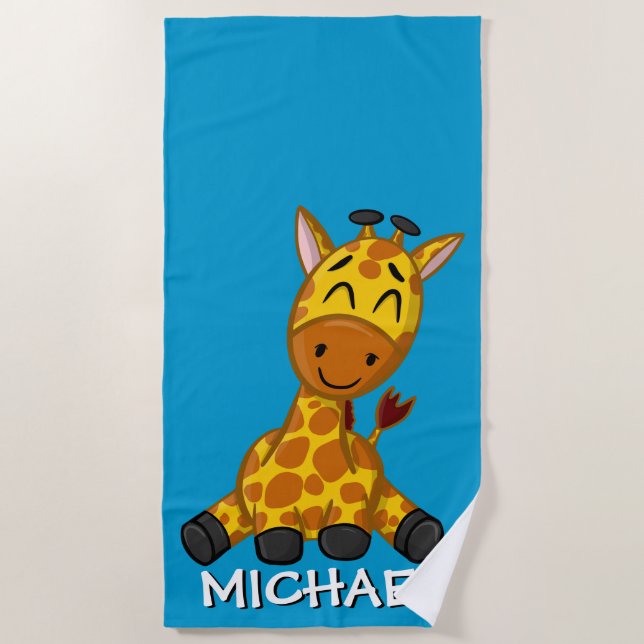 Niedliche Giraffe Safari Cartoon Jungle Name Blau Strandtuch (Vorderseite)