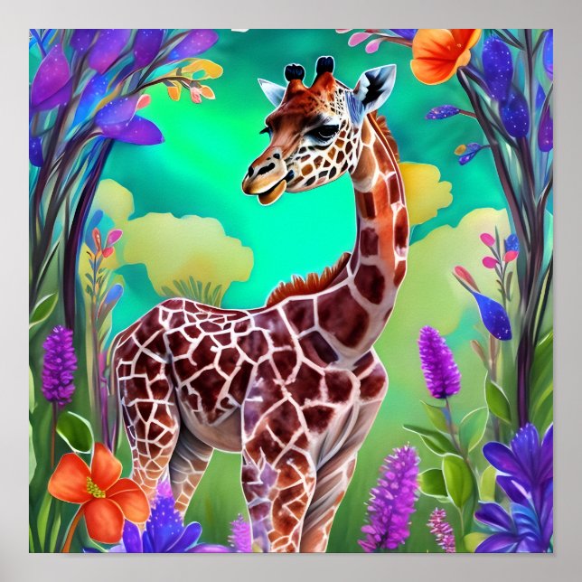 Niedliche Giraffe, umgeben von Blume Poster (Vorne)