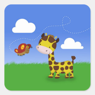 Niedliche Giraffe und Schmetterling Quadratischer Aufkleber