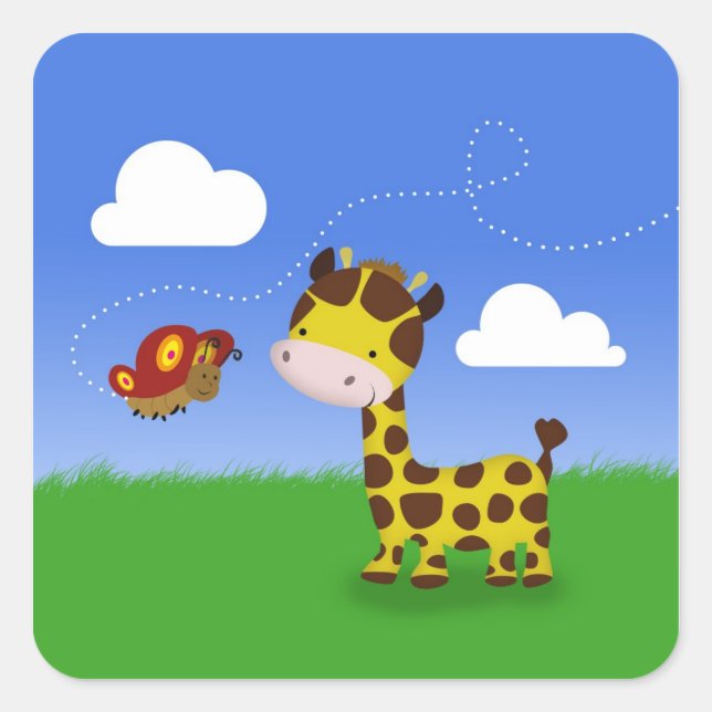Niedliche Giraffe und Schmetterling Quadratischer Aufkleber (Vorderseite)