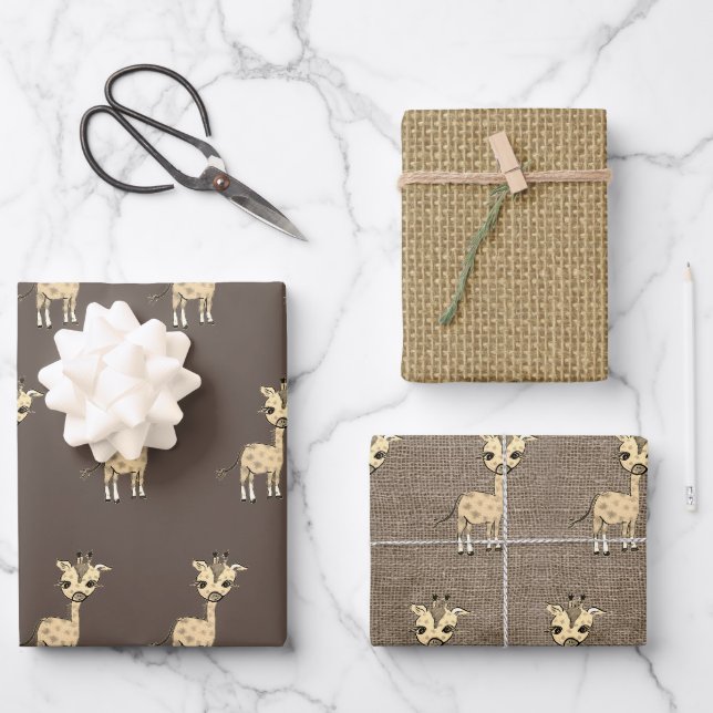 Niedliche Giraffe Wasserfarbe auf Imitaten Burlap  Geschenkpapier Set (Vorderseite)