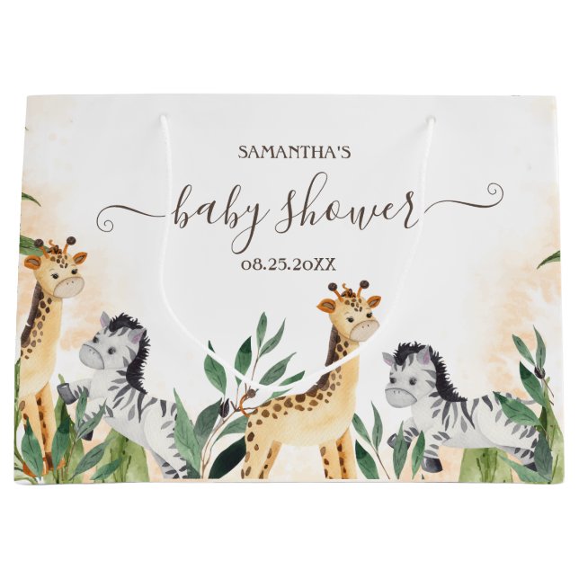 Niedliche Giraffe, Zebra-Blätter Kinderdusche Große Geschenktüte (Vorderseite)