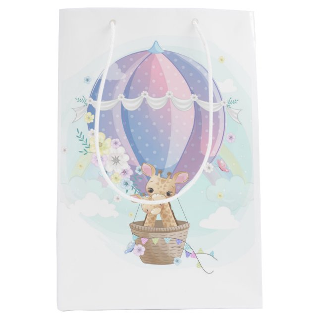 Niedliche Giraffen in Heißluftballon Babydusche Mittlere Geschenktüte (Vorderseite)