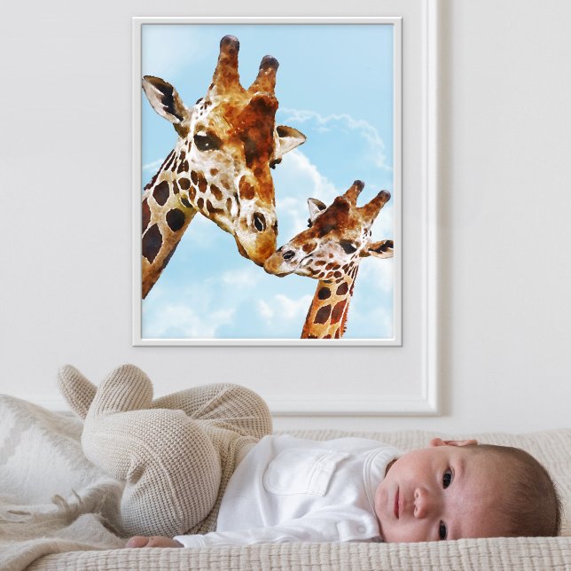 Niedliche Giraffen Kinderzimmer Poster (Adorable poster featuring a watercolor illustration of a giraffe mom and baby)