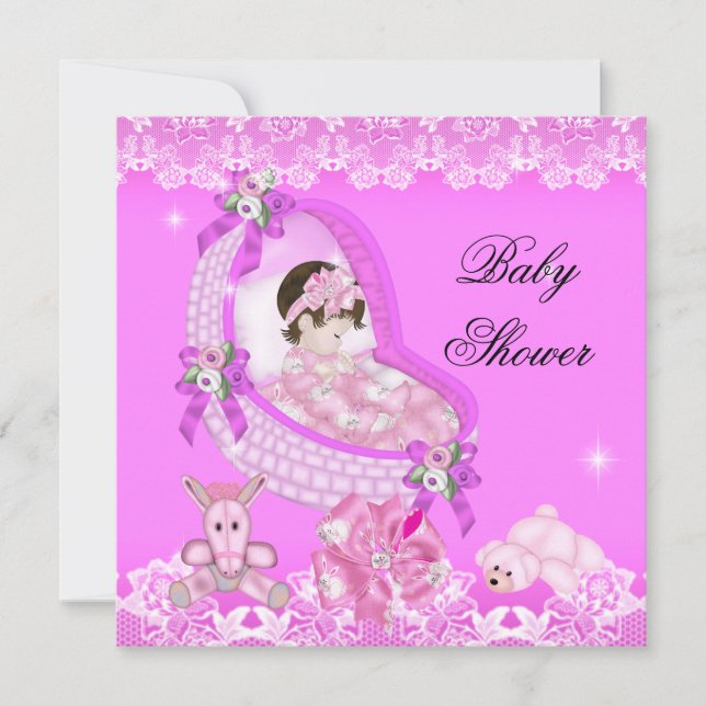 Niedliche Girl Baby Dusche Party Rosa Weiße Spitze Einladung (Vorderseite)